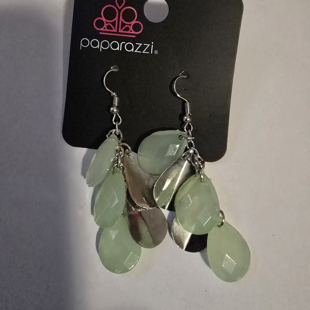 Paparazzi Pale Green Teardrop Cascade Earrings with Silver Accents